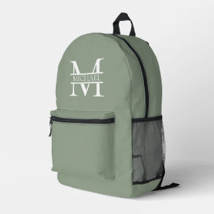 Sac À Dos Imprimé Sage Vert Elégant Personnalisé Monogramme & Nom