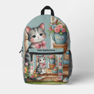 Sac À Dos Imprimé Scène de patchwork floral avec un chat sur une vér