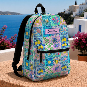 Sac À Dos Imprimé Sicilien Méditerranée Turquoise Azulejo Citron