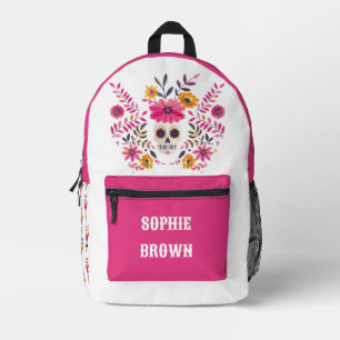 Sac À Dos Imprimé Sugar Skull Fuchsia Flowers Nom personnalisé