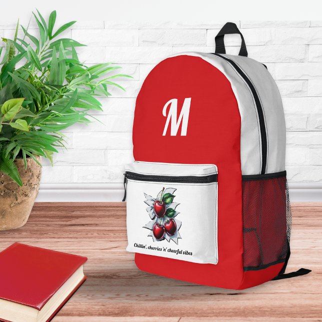 Sac À Dos Imprimé Tendance Cerises d'été Rouge et blanc Monogramme (A red and white backpack with monogram initial, cherries motif and caption)