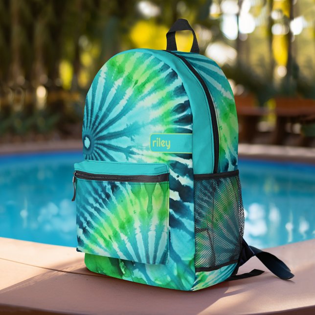 Sac À Dos Imprimé Tie Dye Motif Lime Aqua Turquoise - nom personnali (Personalized Backpack with tie dye pattern plus custom name)