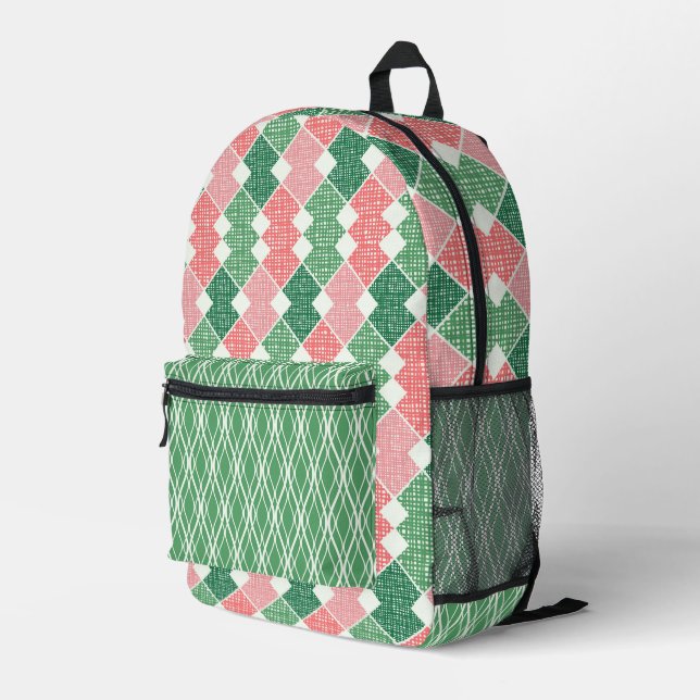 SAC À DOS IMPRIMÉ TONS VERT & CORAL ORANGE MOTIFS GÉOMATRIQUES (Coin arrière droit)