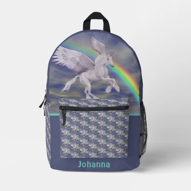 Sac À Dos Imprimé Unicorne volant au-dessus de Rainbow Personnalisé (Recto)