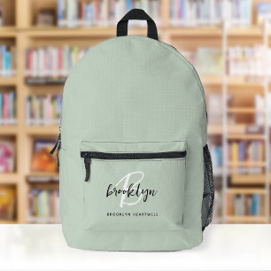Sac À Dos Imprimé Vert Sauge Tendance Monogramme Nom Noir Blanc