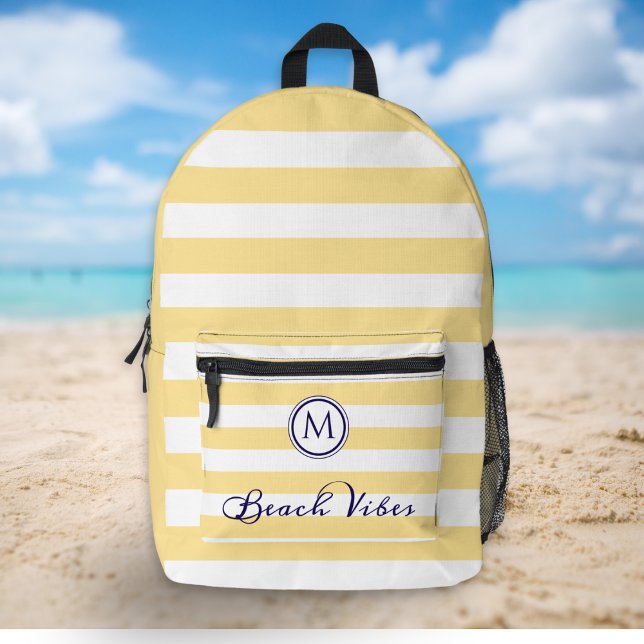 Sac À Dos Imprimé Vibes de plage Été Jaune Blancs Monogramme (A yellow and white striped backpack with 'Beach Vibes' caption and custom monogram initial)