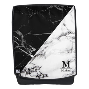 Sac À Dos Marbre noir blanc tendance Texture Monogramme Nom