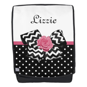 Sac À Dos Points noirs mignons Rose rose Chevron Bow et nom