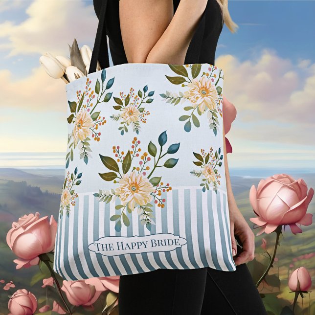 Sac à main de mariage floral rétro romantique (Romantic vintage tote bag with stripes on dusty blue with pretty flowers)