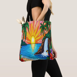 Sac à main tropical au vitrail de coucher de solei