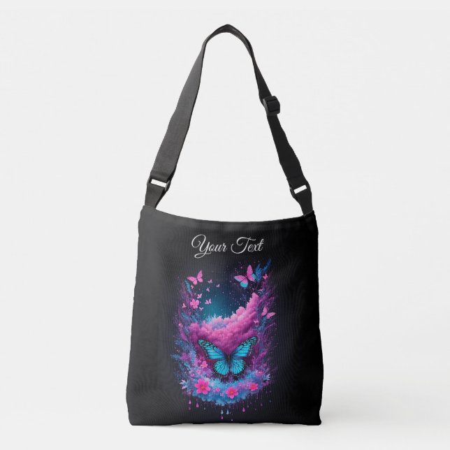 Sac Ajustable aquarelle bleu violet nuage rose papillons chic (Devant)