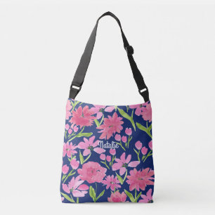 Sac Ajustable Aquarelle florale rose personnalisée sur marine