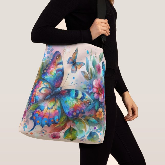 Sac Ajustable Aquarelle Papillon Floral Fleurs Bleu rose (De près)