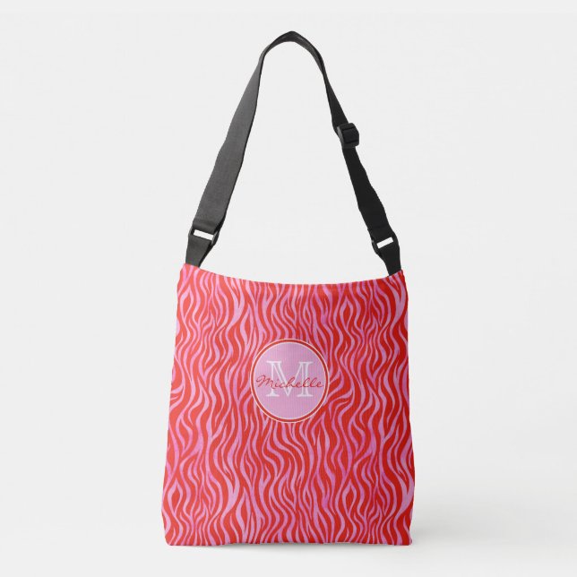 Sac Ajustable Aquarelle rouge et rose Zebra | Monogramme (Devant)