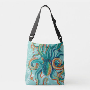 Sac Ajustable Aquarelle vintage turquoise de carte de poulpe