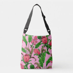 Sac Ajustable Belles feuilles vertes tropicales avec fleurs roug