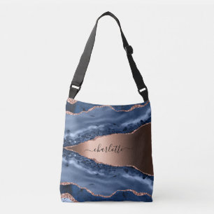 Sac Ajustable Bleu agate marbre rose or nom script