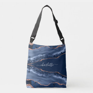 Sac Ajustable Bleu agate marbre rose or nom script