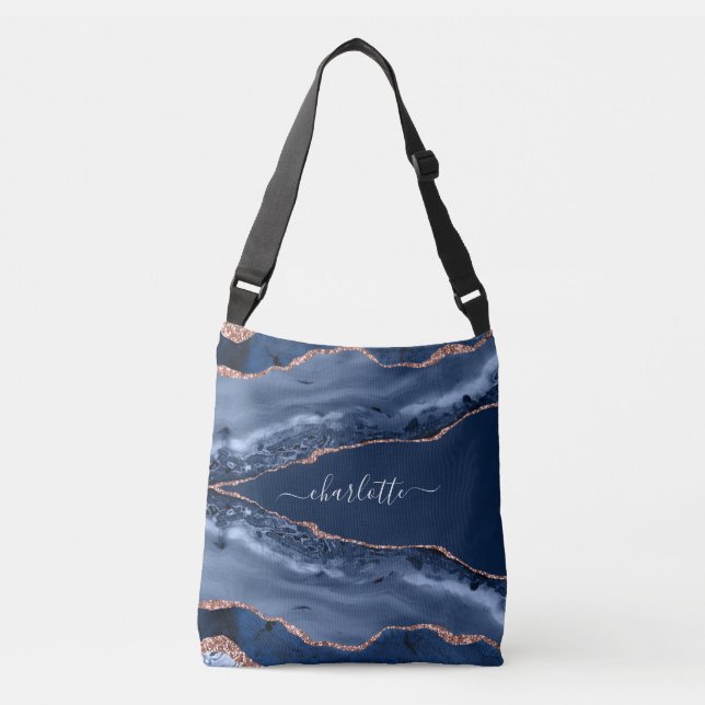 Sac Ajustable Bleu agate marbre rose or nom script (Devant)