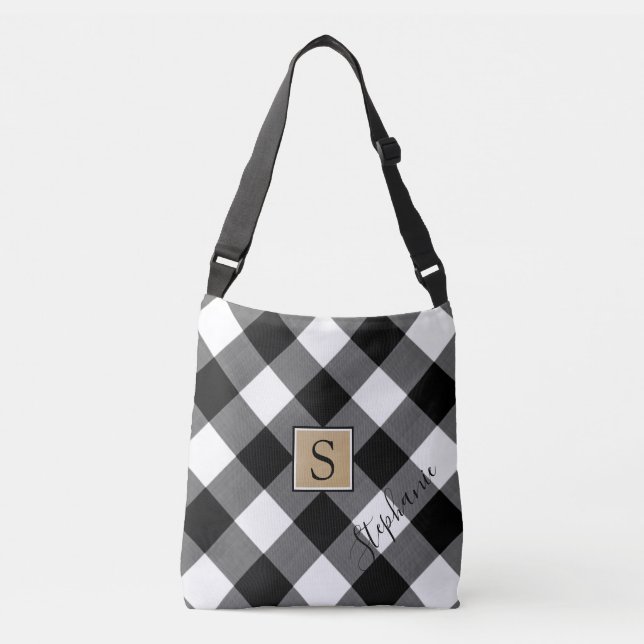 Sac Ajustable Buffalo Plaid Monogramme Nom du script Noir Blanc (Devant)