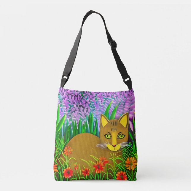 Sac Ajustable Chat à l'oeil vert dans un jardin fleuri (Dos)