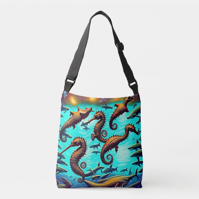 Sac Ajustable Cheval de mer et requins rétro Crossbody Bags (Devant)
