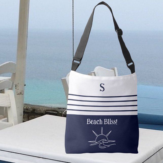 Sac Ajustable Chic Monogramme Marine Bleu Stripes Côtier Nautiqu (Créateur téléchargé)