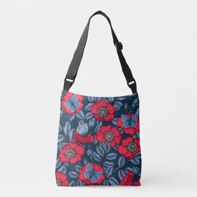 Sac Ajustable Chien rose et papillons en bleu et rouge (Devant)
