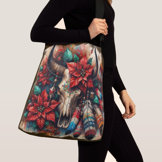 Sac Ajustable Crâne de la vache de Noël Poinsettias plumes (De près)