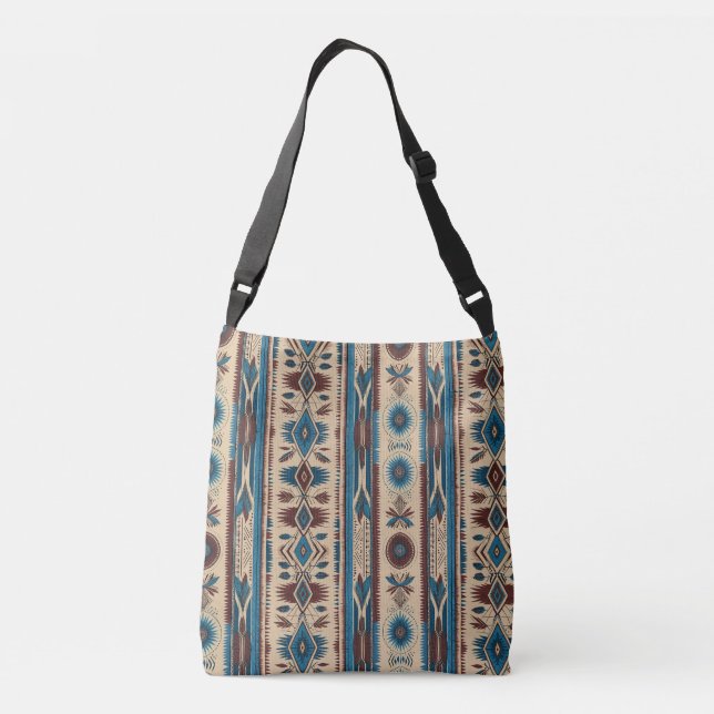 Sac Ajustable Cross Body Bag in Blue Native American Patterns (Dos)