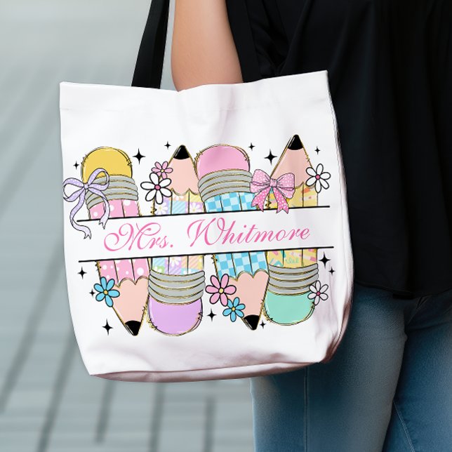 Sac Ajustable Custom Pastel Pencil Bow Teacher Aesthetic (Créateur téléchargé)