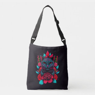 Sac Ajustable Élégant chat noir entouré de roses rouges