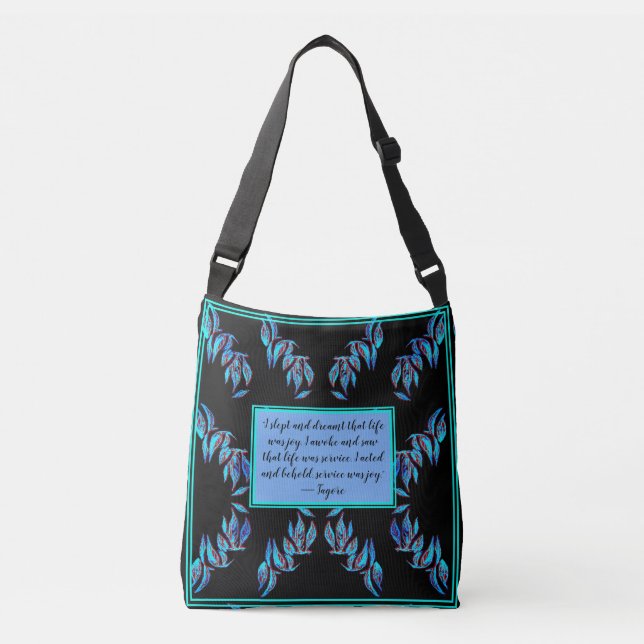 Sac Ajustable Feuilles bleus élégants sur noir et une citation (Devant)