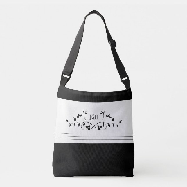 Sac Ajustable Feuilles de vigne florales noires Monogramme éléga (Devant)