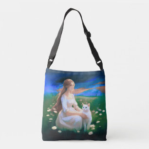 Sac Ajustable Fille avec un chat dans une prairie au crépuscule