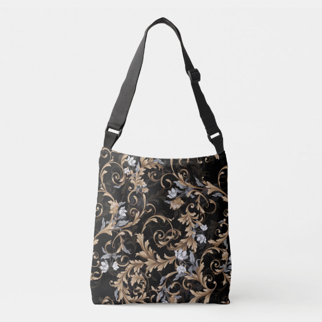 Sac Ajustable Fleurs baroques classiques : arrière - plan noir. (Devant)