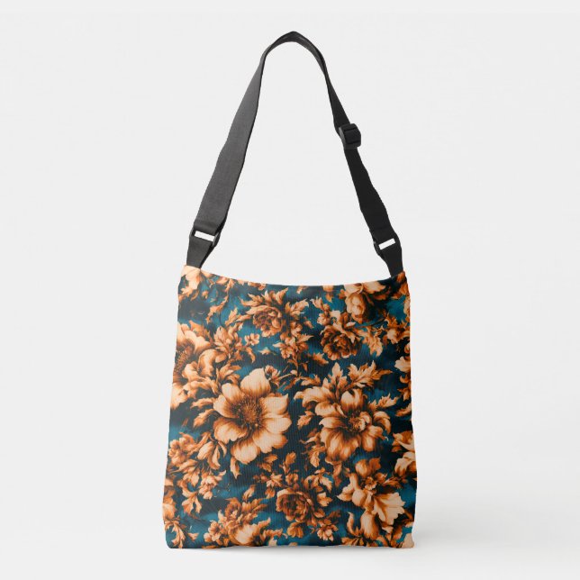 Sac Ajustable Fleurs d'or luxueuses, Feuilles sur Bleu (Devant)