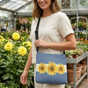 Sac Ajustable Gingham Bleu Marine avec Tournesols