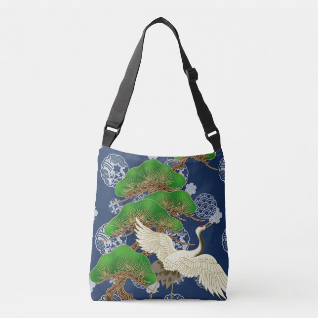 Sac Ajustable Grue bleue Kimono motif inspiré tissu japonais (Devant)