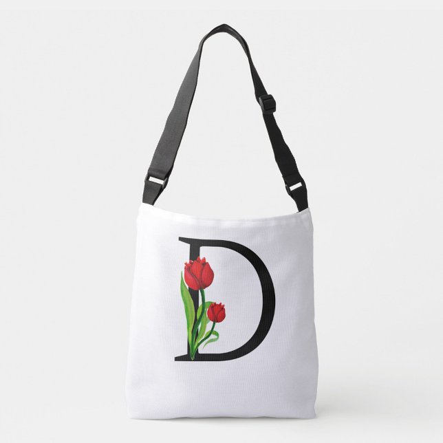 Sac Ajustable Lettre noire en gras "D" (The bag's design is clean and modern, with the tulips adding a touch of nature and color!)