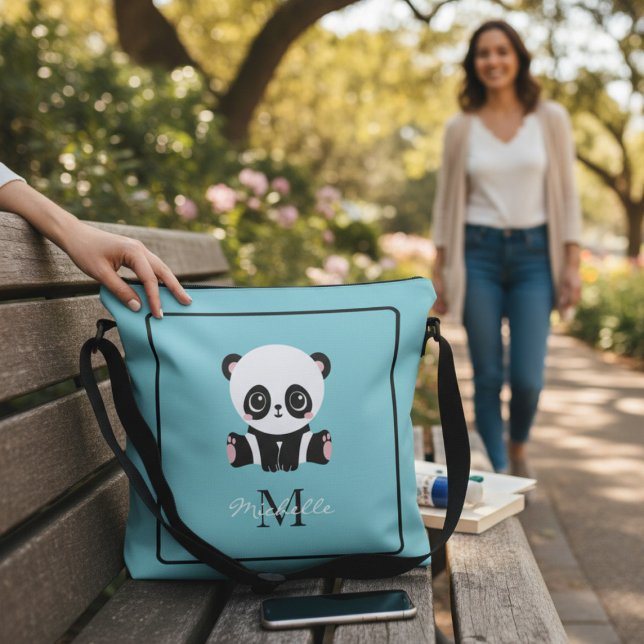 Sac Ajustable Monogram Cute Panda Blue Nom personnalisé (Créateur téléchargé)