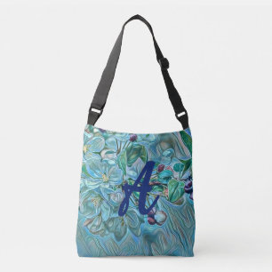 Sac Ajustable Monogramme Moderne Bleu Cerisier Fleur Aquarelle