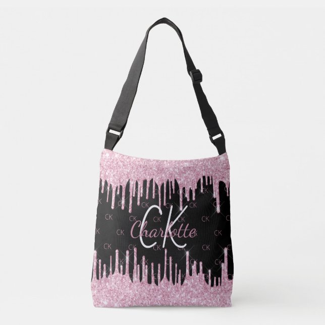 Sac Ajustable Paillettes noir rose en gouttes de monogramme élég (Devant)
