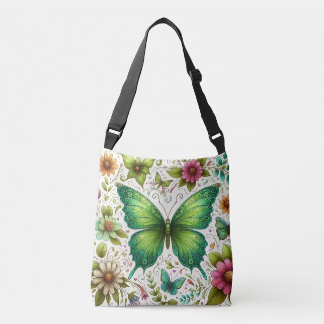 Sac Ajustable Papillon vert entouré de fleurs (Devant)