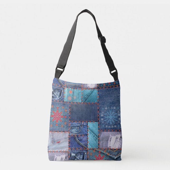 Sac Ajustable Patchwork de Jeans bleus avec détails floraux (Devant)
