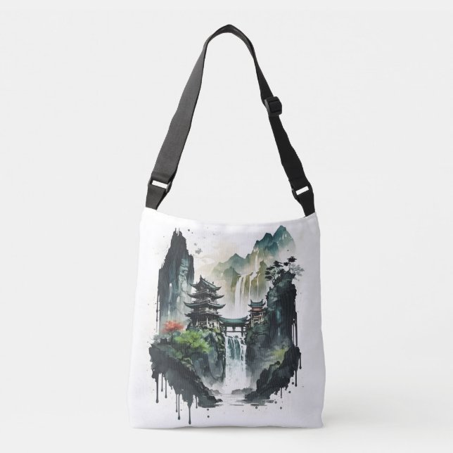 Sac Ajustable Paysage antique de l'encre chinoise avec cascade (Devant)