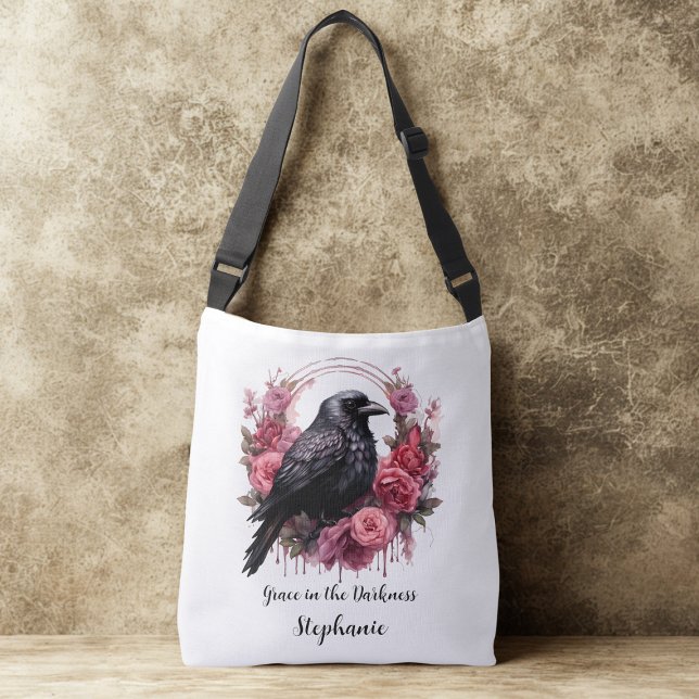 Sac Ajustable Pink Roses Raven (Pink roses raven cross body bag)