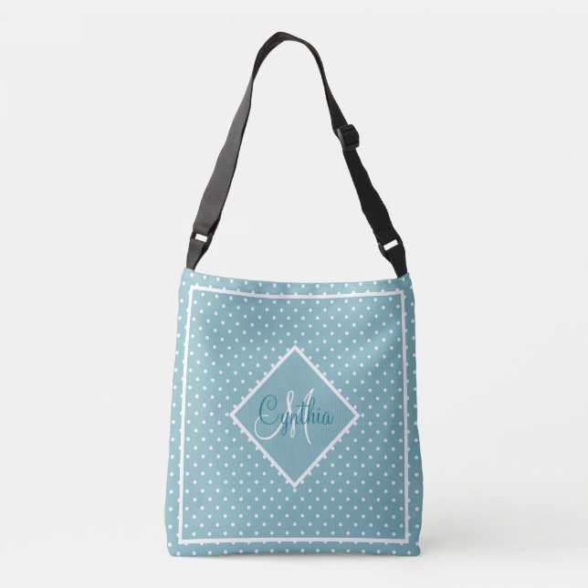 Sac Ajustable Point Polka bleu ciel et blanc avec Monogramme (Dos)