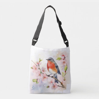 Sac Ajustable Robin d'aquarelle sur la branche de fleur de ceris