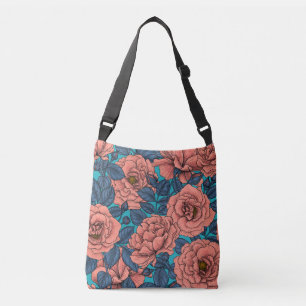 Sac Ajustable Roses roses avec feuilles bleus sur bleu